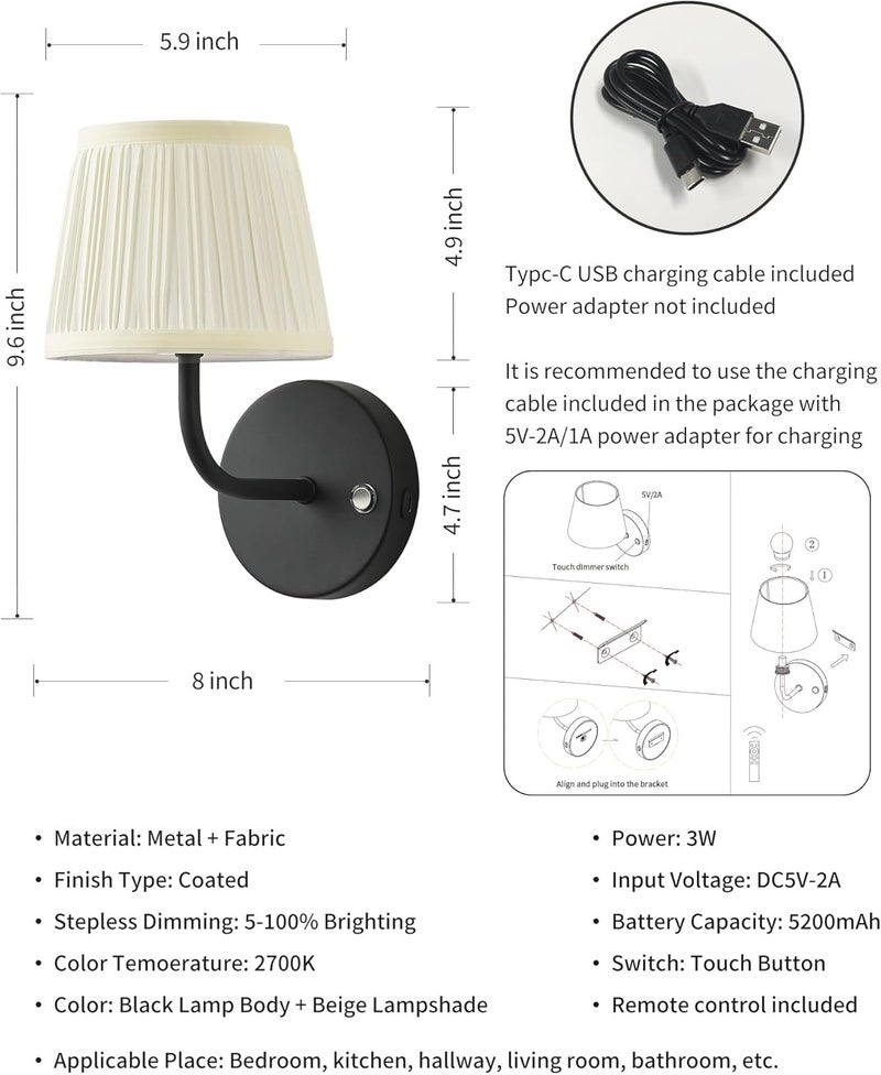 PUSU LED Cordless Black H9.6 inch Small Wall Sconces Set of 2, Rechargeable 5200mAh Battery Operated Fabric Wall Lamp with Remote, Lighting for Living Room, Bedroom, Hallway, Bathroom, Stairs, Kitchen - Image 5
